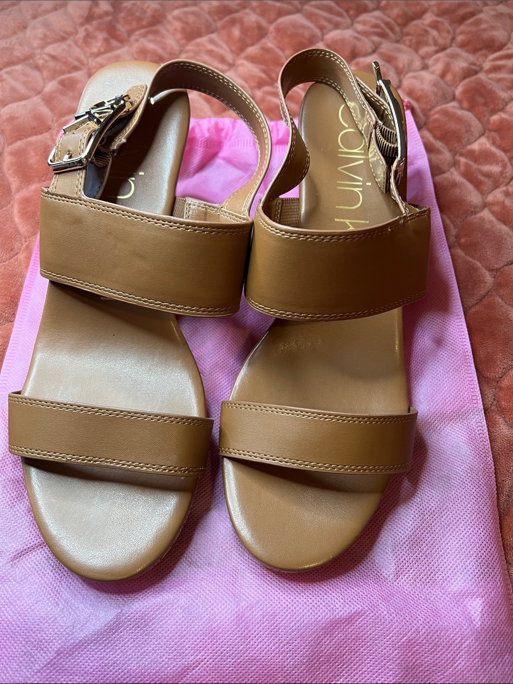 Calvin Klein Tan Leather Double-Strap Wedge Sandals - Women's